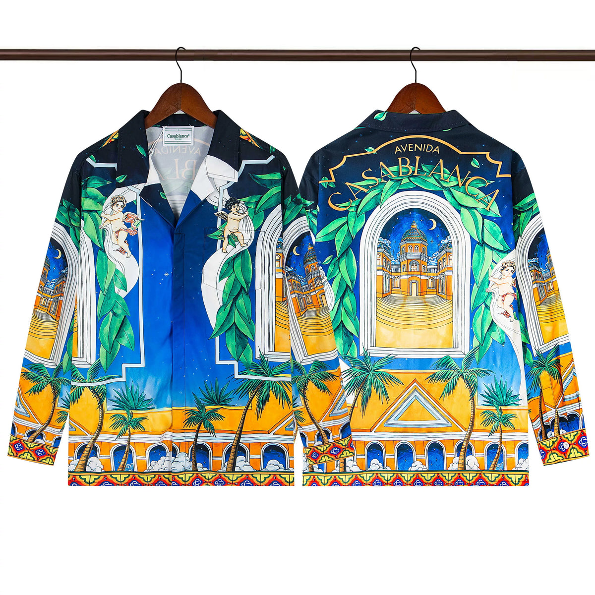 Casablanca Avenida Architectural Arch & Palm Silk-Style Shirt - Navy / Gold