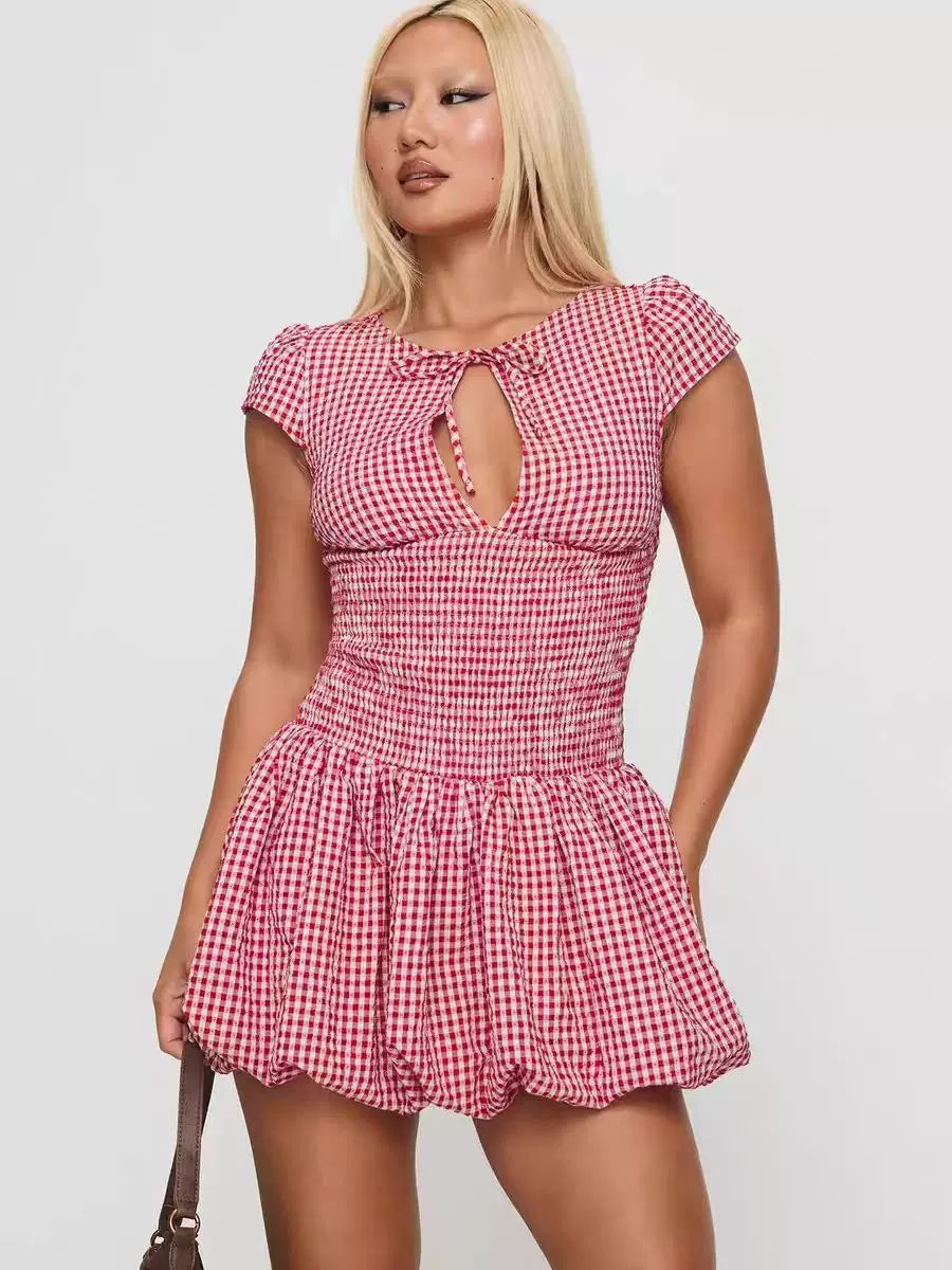 Princess Polly Yi Mengling's 25 European and American Fashion plaid round neck short sleeved plaid mini dress