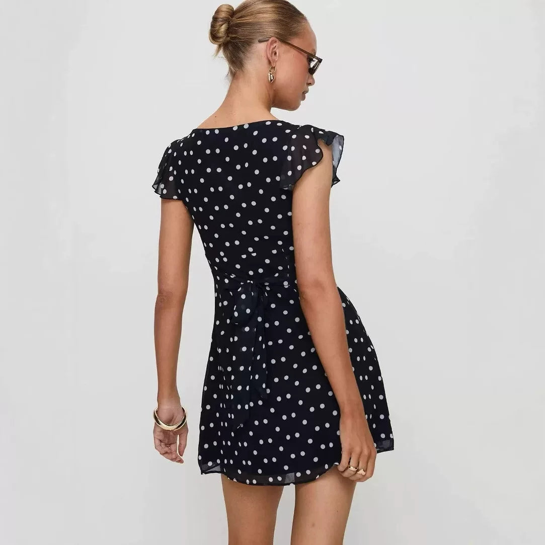 Princess Polly 25 Spring Wave Point V-neck Ruffle Fold Waist Strap Mini Dress