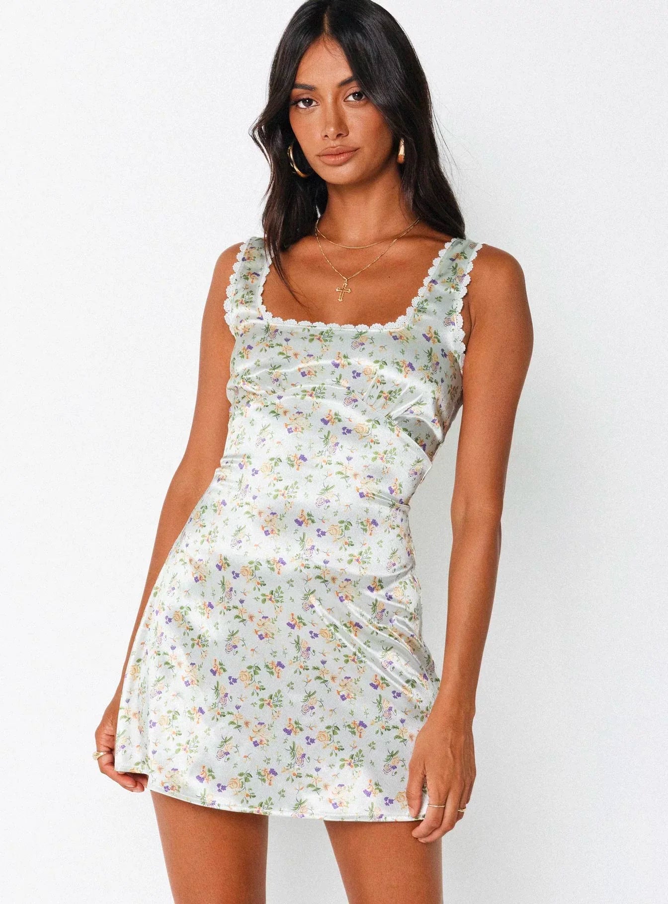 Princess Polly vintage French lace sweet floral satin summer floral square neck suspender dress