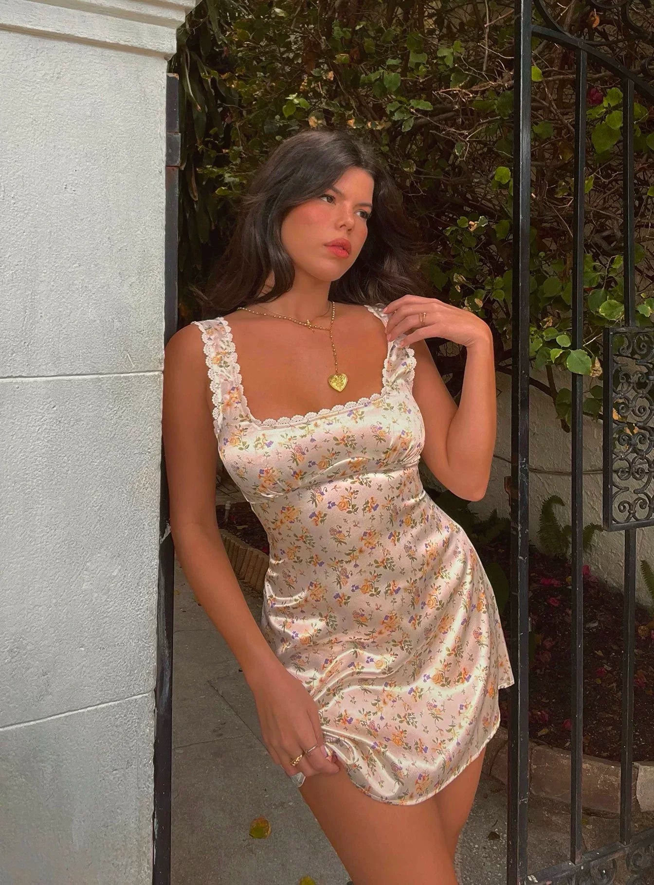 Princess Polly vintage French lace sweet floral satin summer floral square neck suspender dress