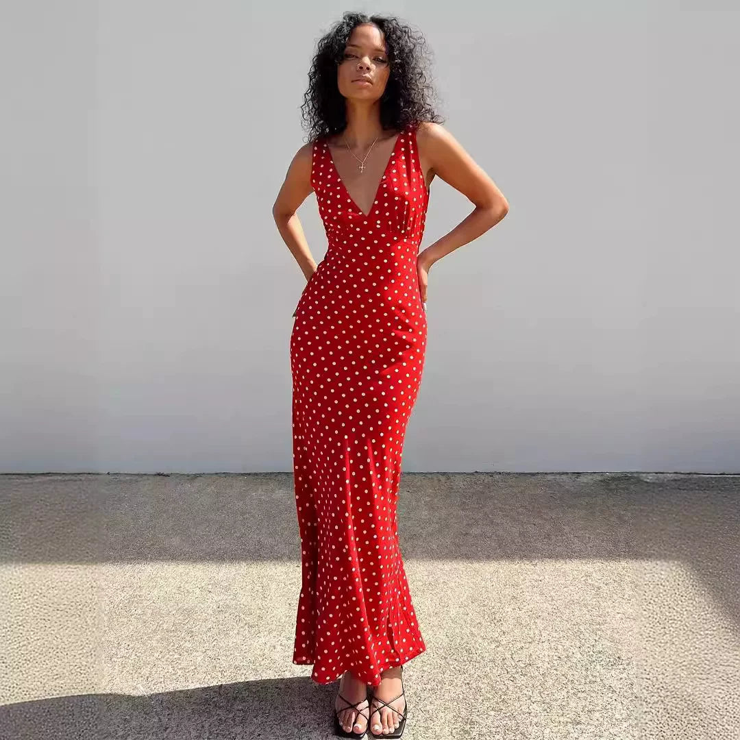 Princess Polly European spicy girl red polka dot retro texture waist cinching mini beach dress