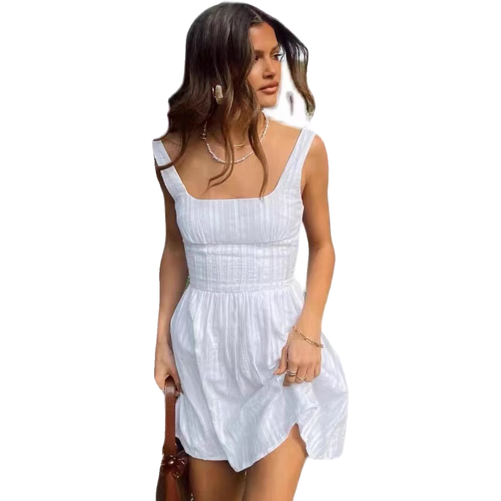 Princess Polly European Hot Girl White Retro Pure Cotton Texture Waist Mini Square Neck Dress
