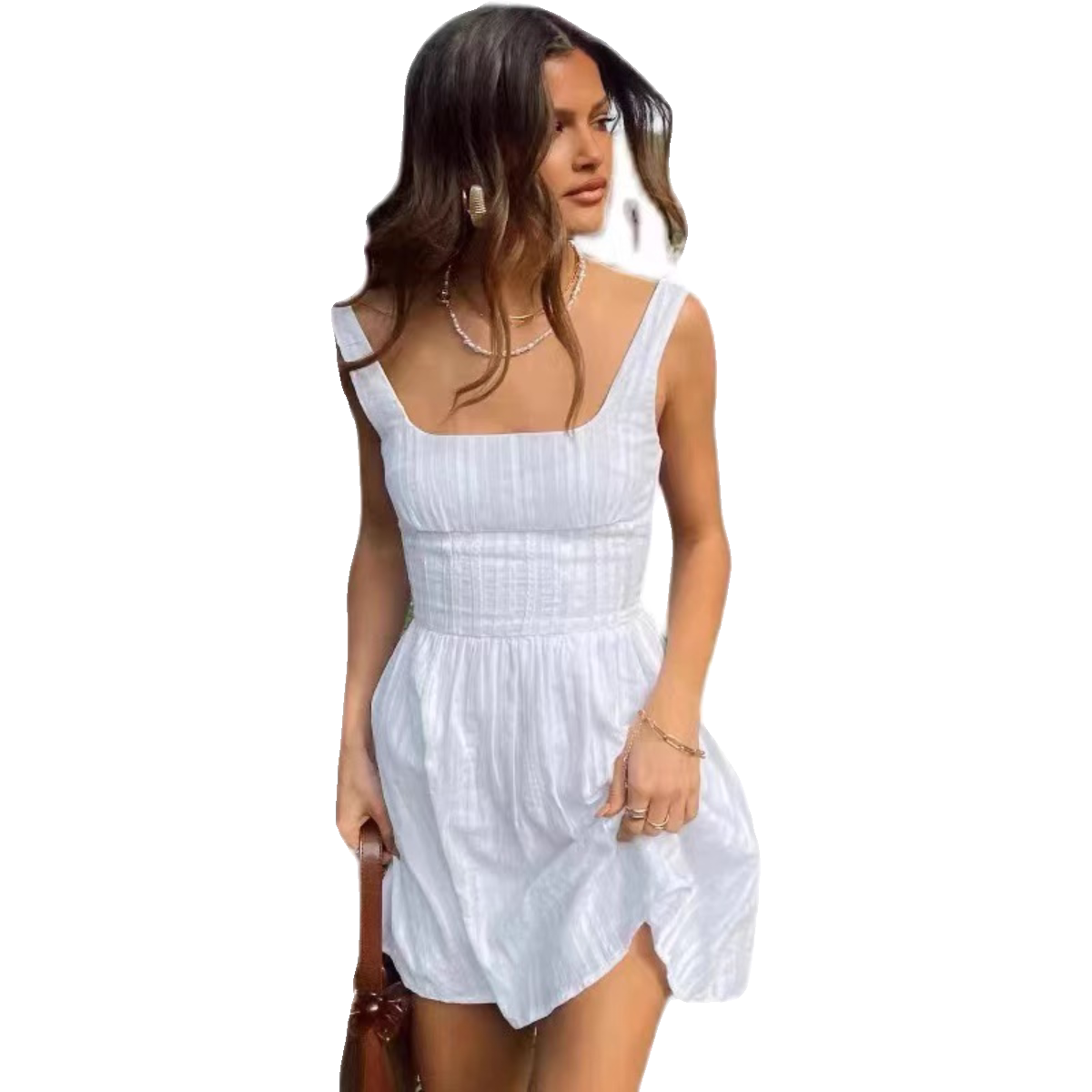 Princess Polly European Hot Girl White Retro Pure Cotton Texture Waist Mini Square Neck Dress