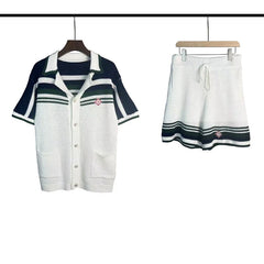 Casablanca Navy Shoulder Stripe Knit Set - White / Navy Blue