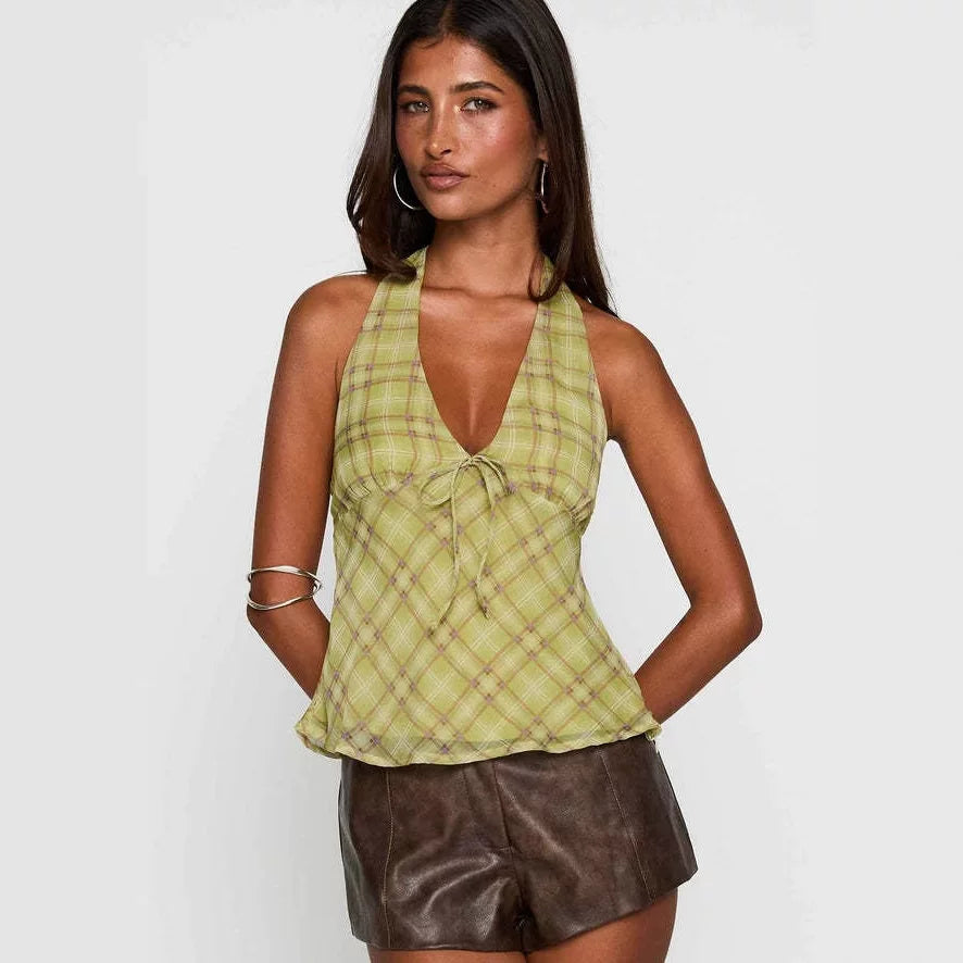 Princess Polly 25 Spring Vintage plaid halter neck strap backless mini suspender skirt