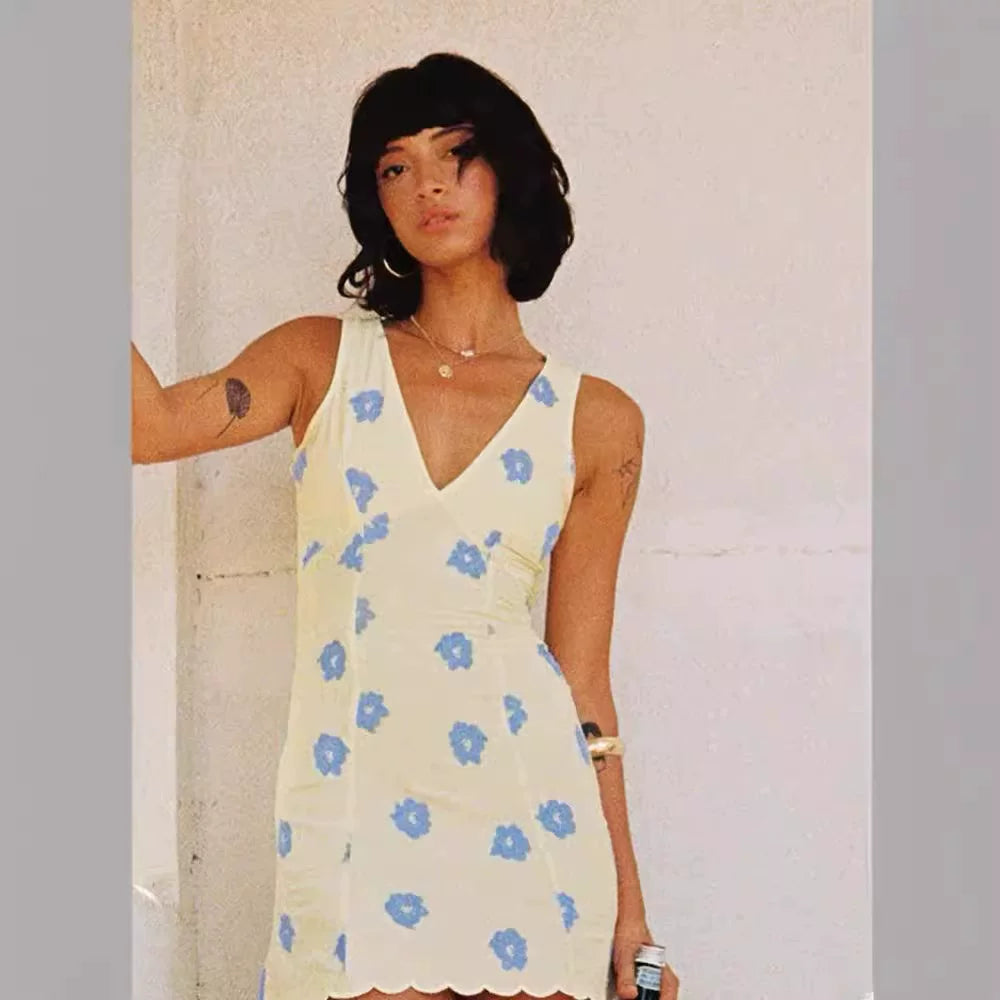 Princess Polly Australian niche brand flower linen blend contrasting flower V-neck sleeveless dress