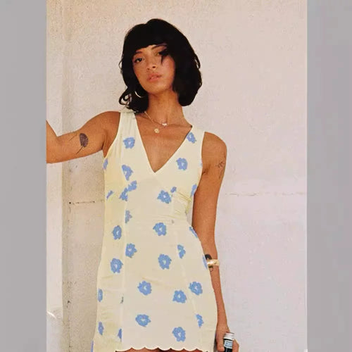 Princess Polly Australian niche brand flower linen blend contrasting flower V-neck sleeveless dress