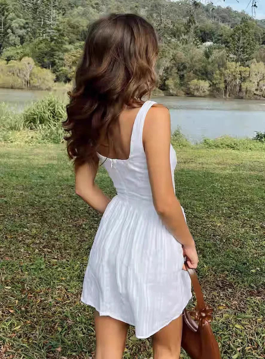 Princess Polly European Hot Girl White Retro Pure Cotton Texture Waist Mini Square Neck Dress