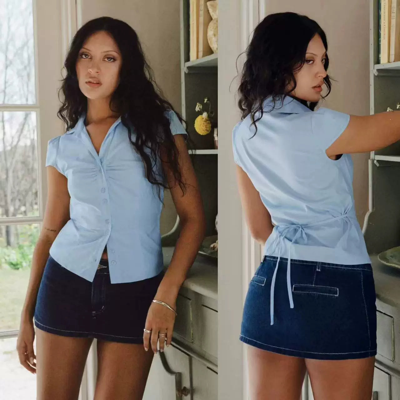 Princess Polly 25 Spring/Summer American Hot Girl Fold Waist Solid Color Comfortable Cotton Short sleeved Shirt Top