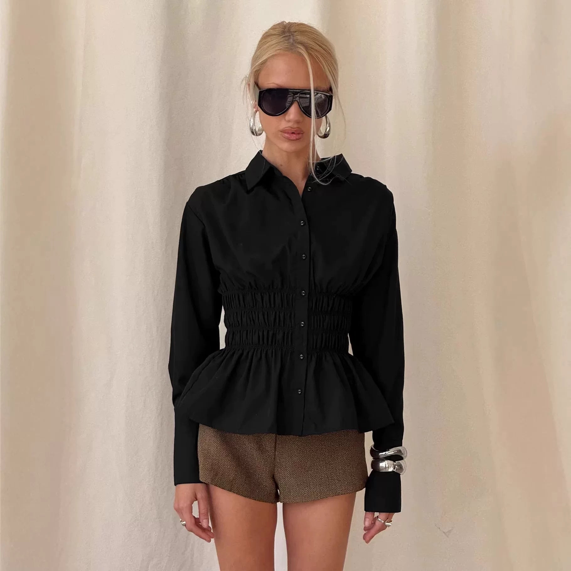 Princess Polly single breasted elastic pleated elastic black solid color V-neck temperament long sleeved shirt