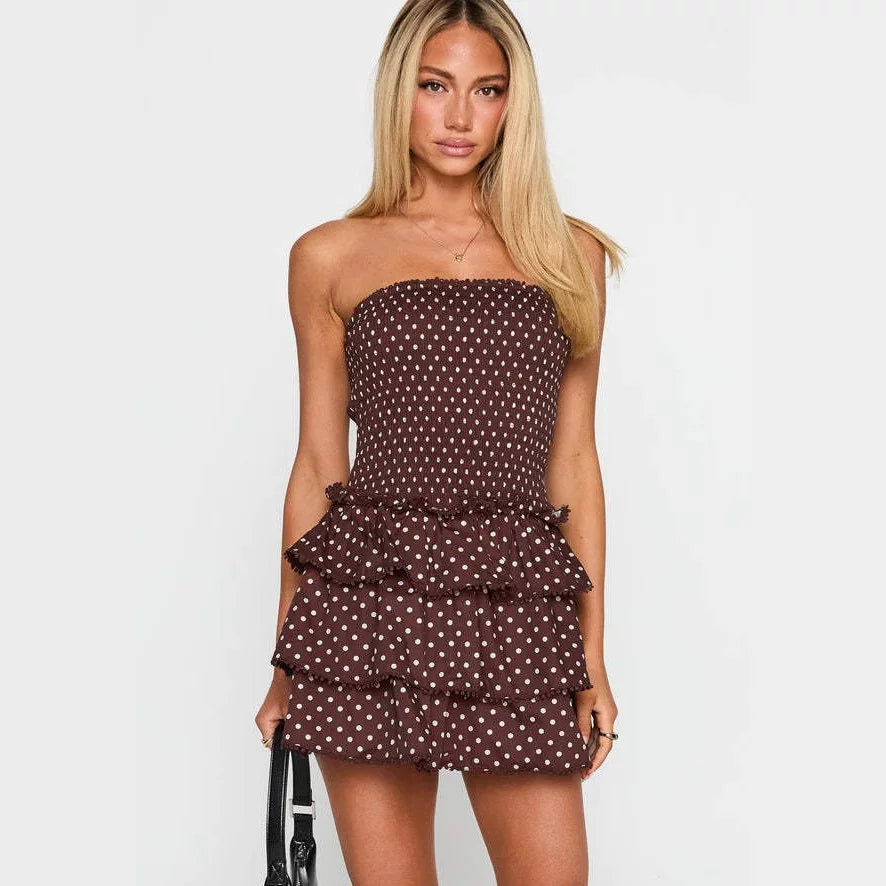 Princess Polly's new design is a pleated waist cinching multi-layer ruffle edge strapless dress for women