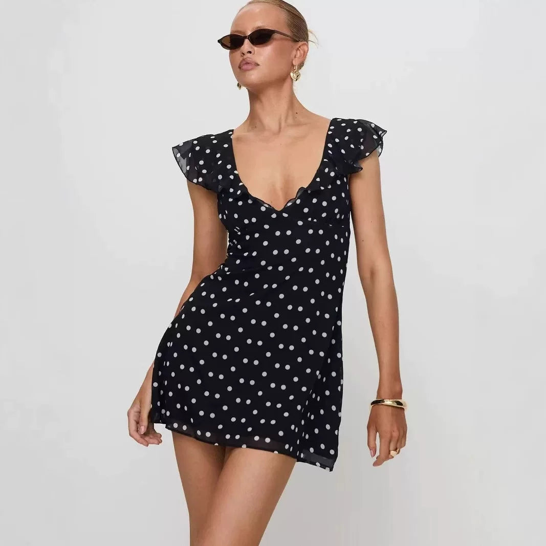 Princess Polly 25 Spring Wave Point V-neck Ruffle Fold Waist Strap Mini Dress