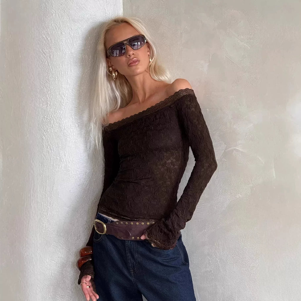 Princess Polly Brown One Shoulder Trumpet Sleeves Lace T-shirt with Slimming Denim Pants
