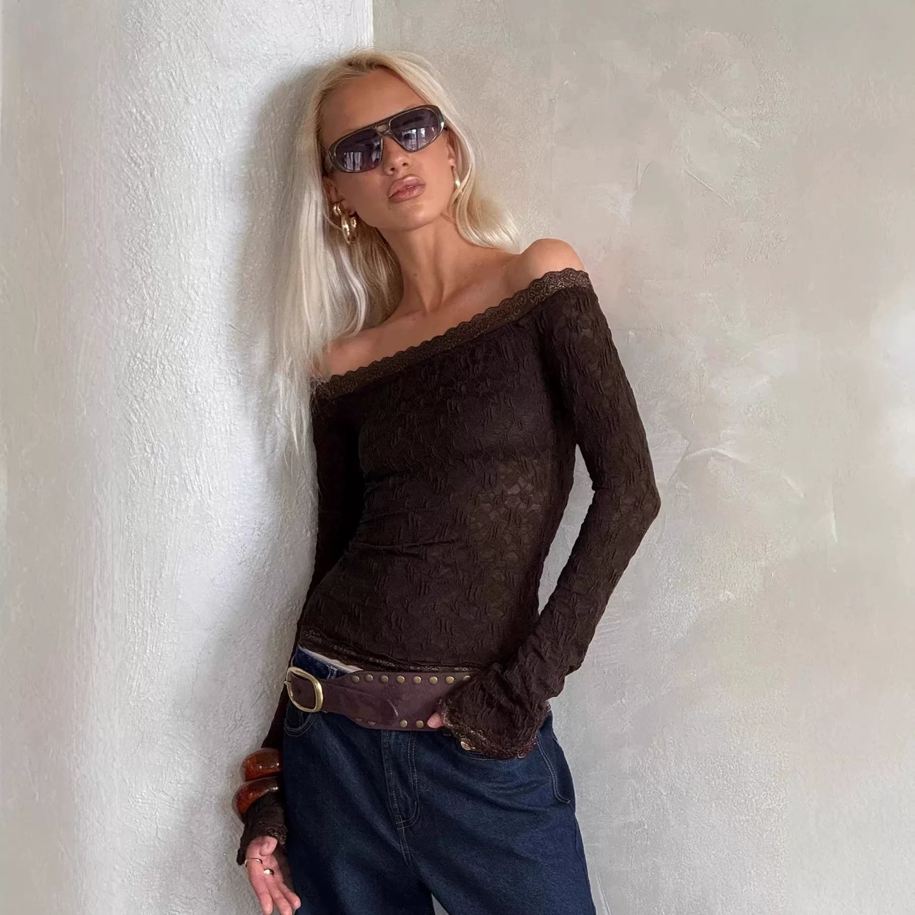 Princess Polly Brown One Shoulder Trumpet Sleeves Lace T-shirt with Slimming Denim Pants