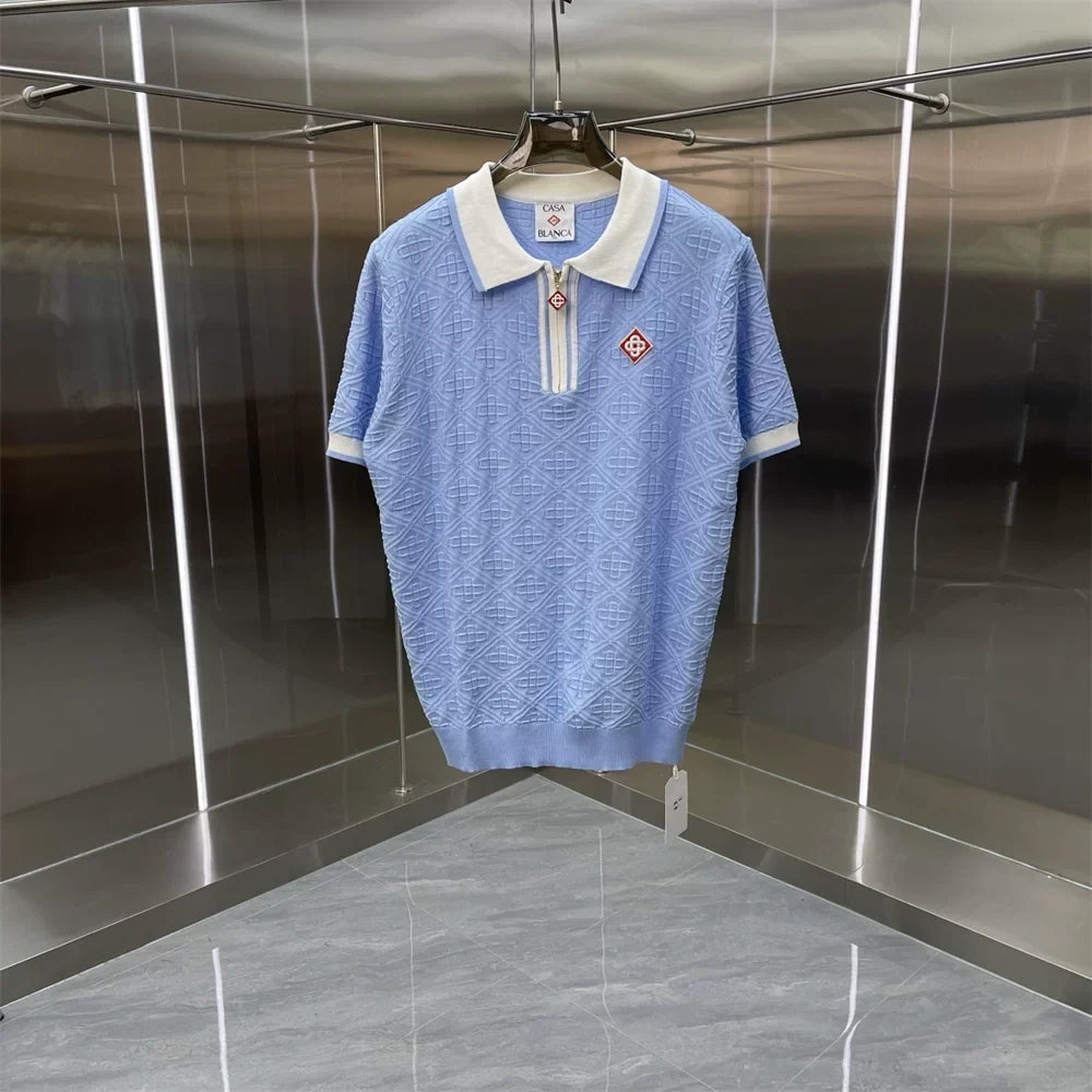 Casablanca Textured Knit Polo Shirt - Light Blue / White