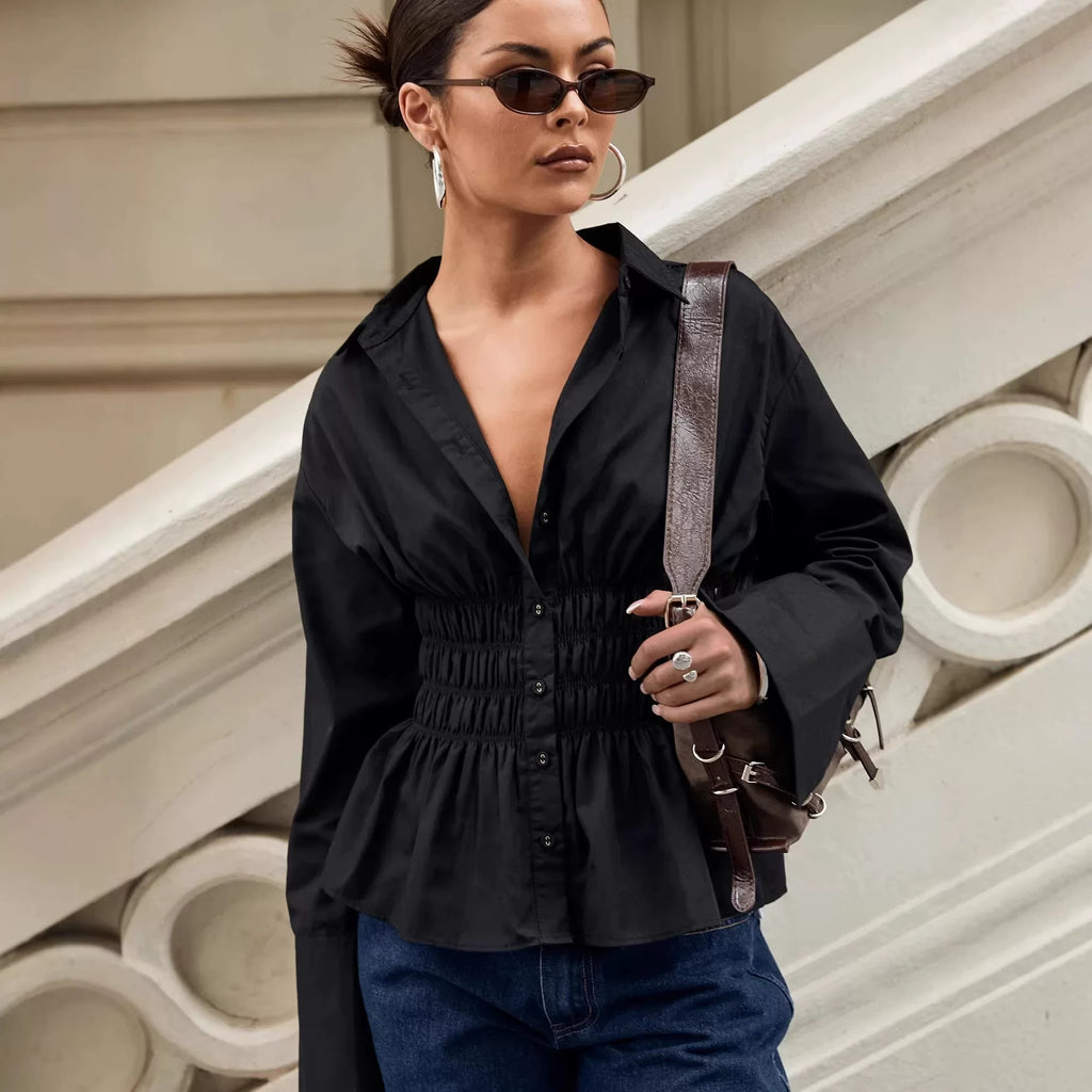 Princess Polly single breasted elastic pleated elastic black solid color V-neck temperament long sleeved shirt