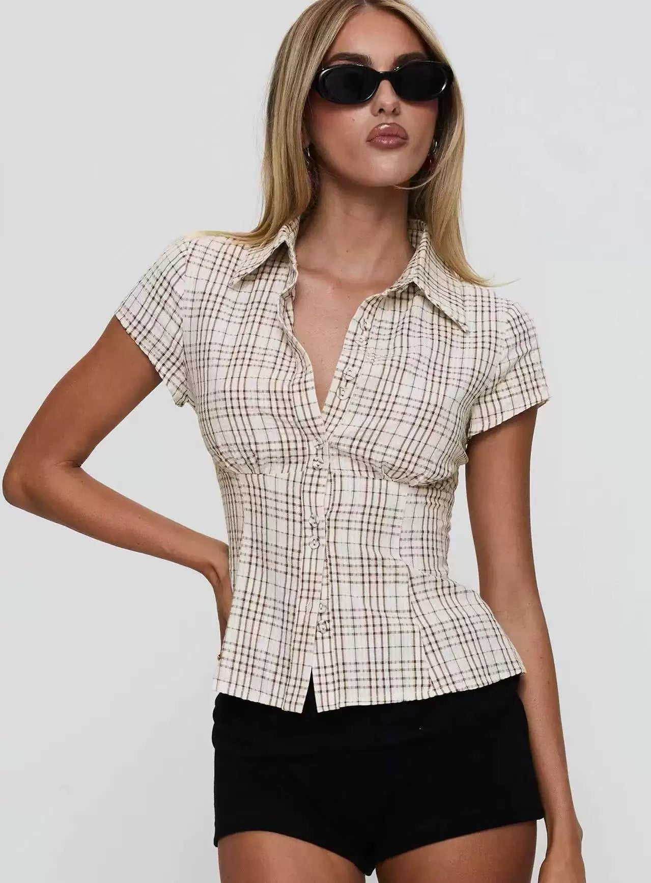 Princess Polly 25 Spring/Summer plaid chest pleated waist cinched short sleeved shirt top for women