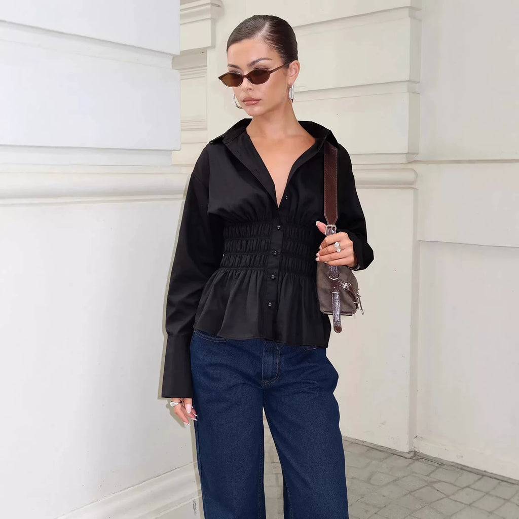 Princess Polly single breasted elastic pleated elastic black solid color V-neck temperament long sleeved shirt