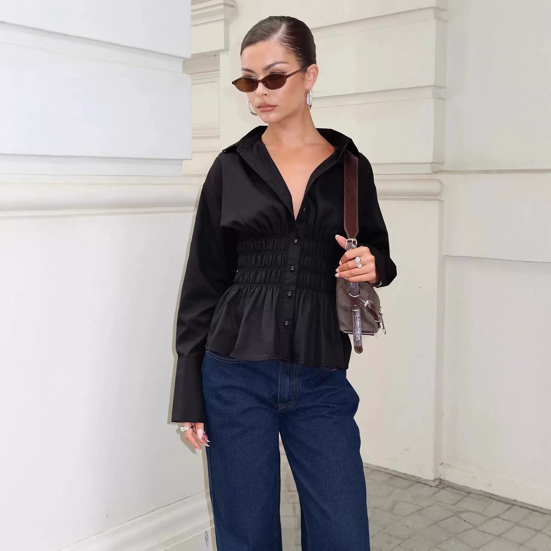 Princess Polly single breasted elastic pleated elastic black solid color V-neck temperament long sleeved shirt