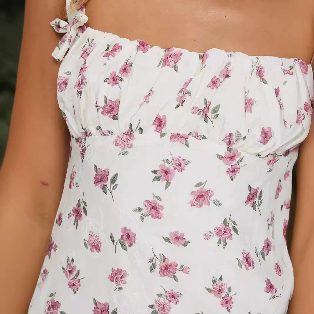 Princess Polly floral chest pleated square neck bow strap suspender short skirt French sweet dress