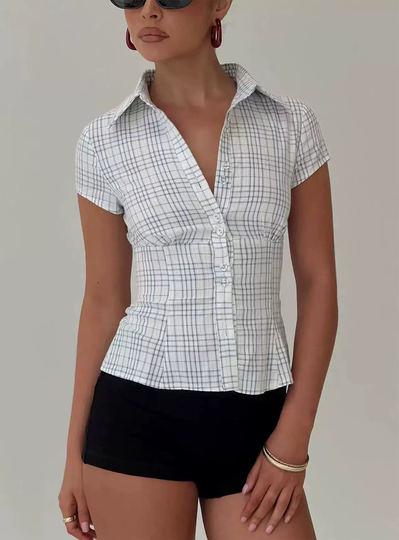 Princess Polly 25 Spring/Summer plaid chest pleated waist cinched short sleeved shirt top for women