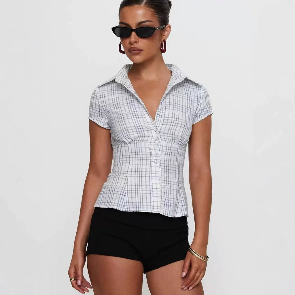 Princess Polly 25 Spring/Summer plaid chest pleated waist cinched short sleeved shirt top for women