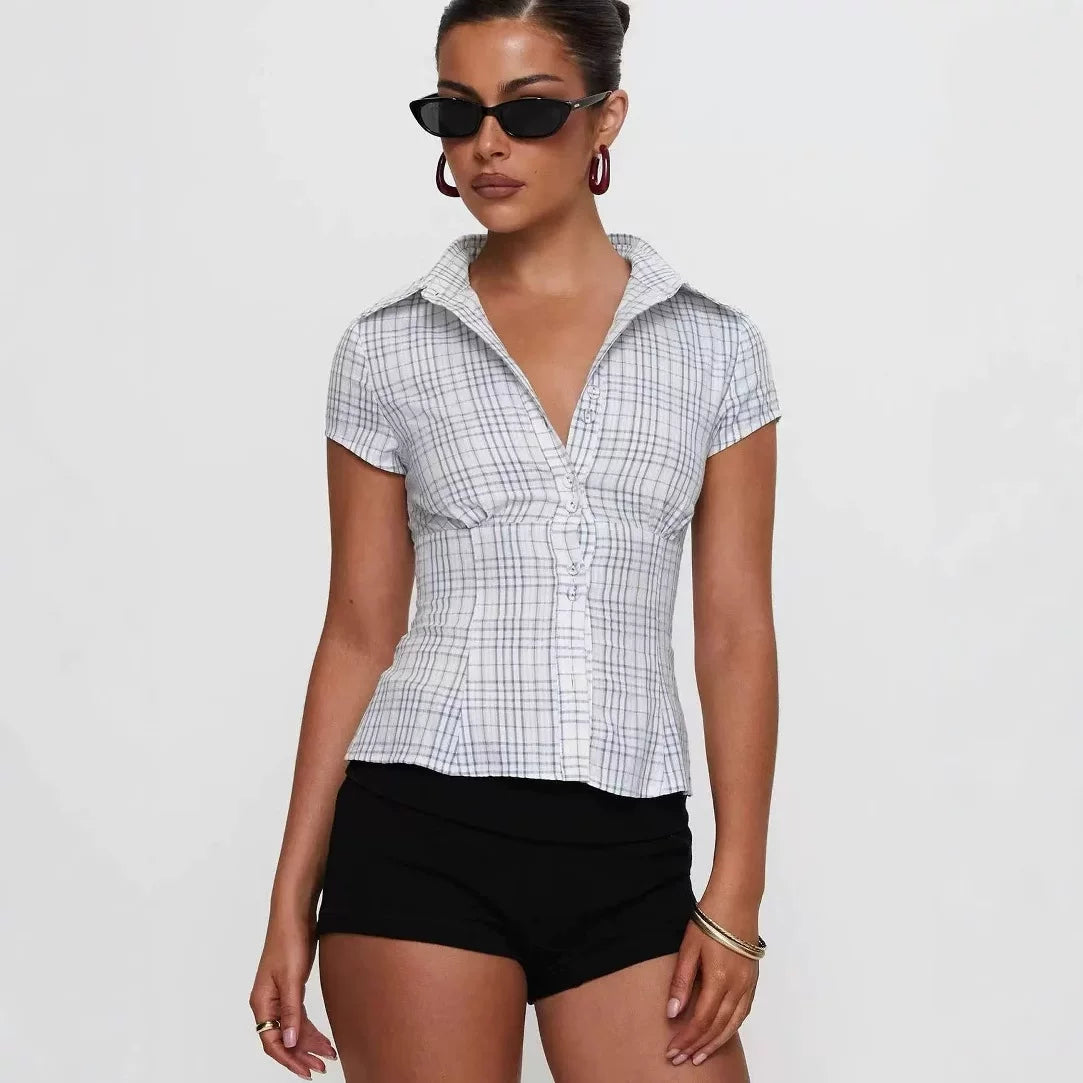 Princess Polly 25 Spring/Summer plaid chest pleated waist cinched short sleeved shirt top for women