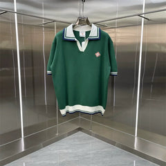 Casablanca Contrast Collar Knit Polo Shirt - Dark Green / White