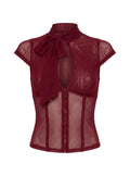 Princess Polly, a high-end and sexy queen, features a combination of wine and red stitching, with a perspective of abstinence. She has a half height stand up collar and short sleeves in wine and red