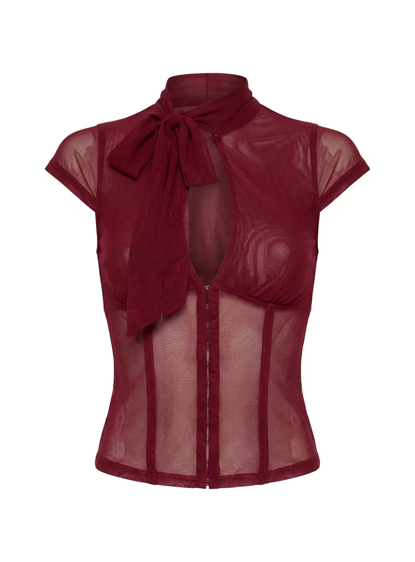 Princess Polly, a high-end and sexy queen, features a combination of wine and red stitching, with a perspective of abstinence. She has a half height stand up collar and short sleeves in wine and red