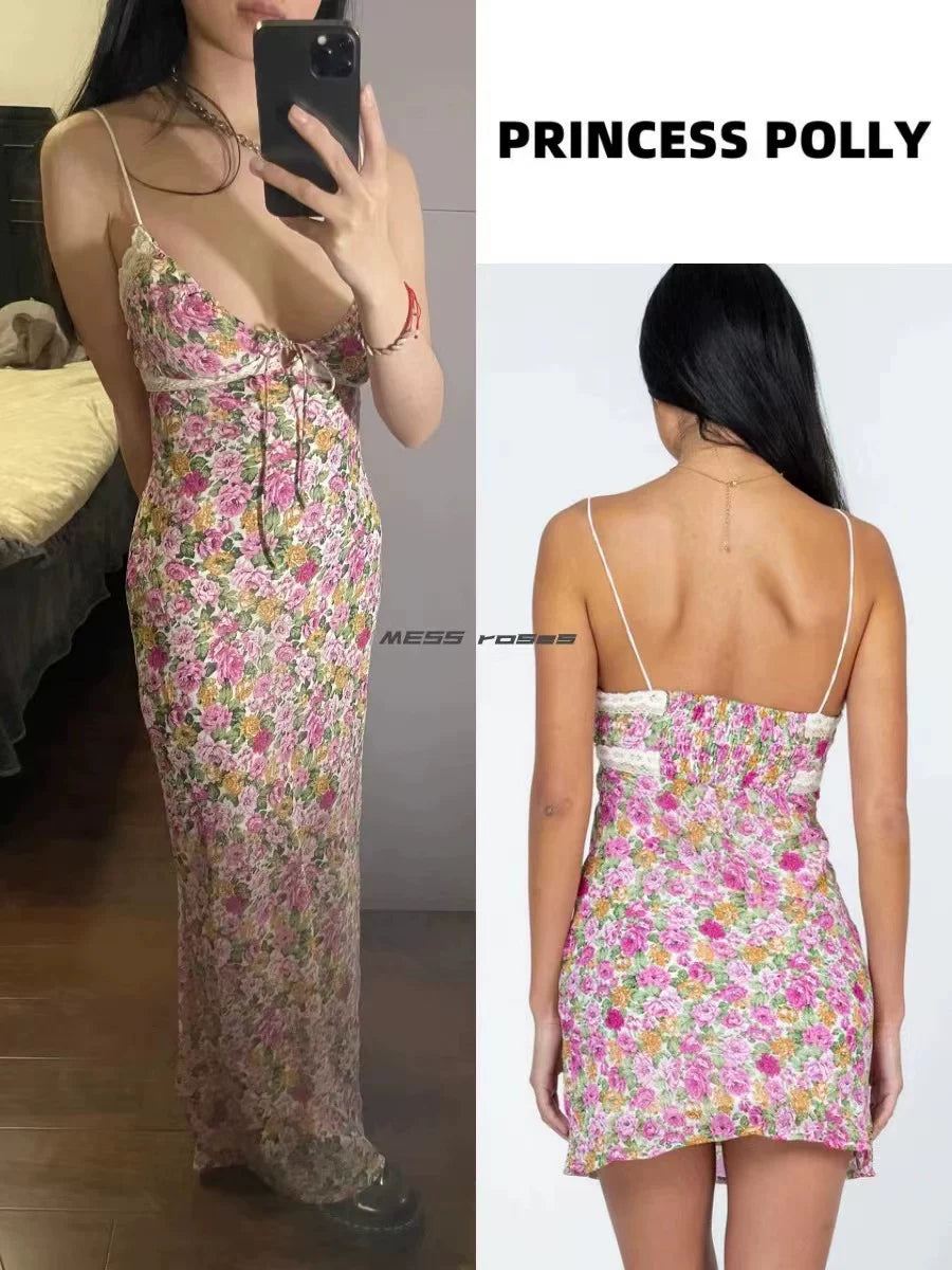 Princess Polly original European and American lace patchwork camisole dress sexy V-neck slim fit hip hugging long skirt