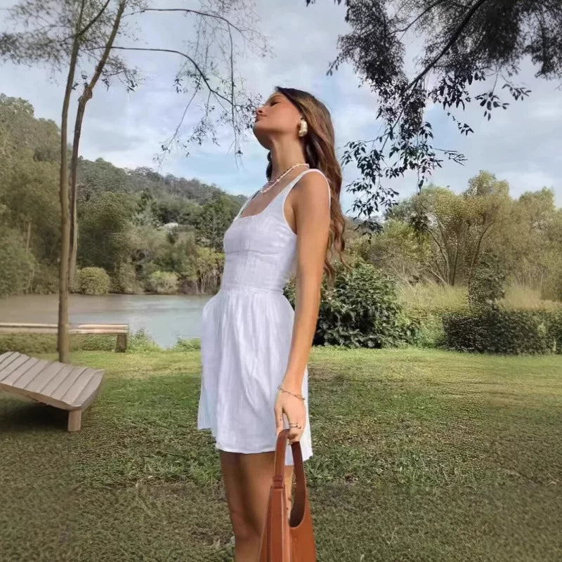 Princess Polly European spicy girl white retro texture waist cinching mini square neck dress