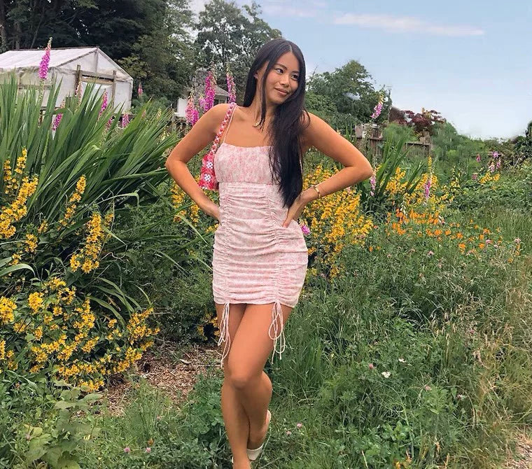 Princess Polly European and American spicy girl pleated pink floral suspender tight fitting hip hugging drawstring dress