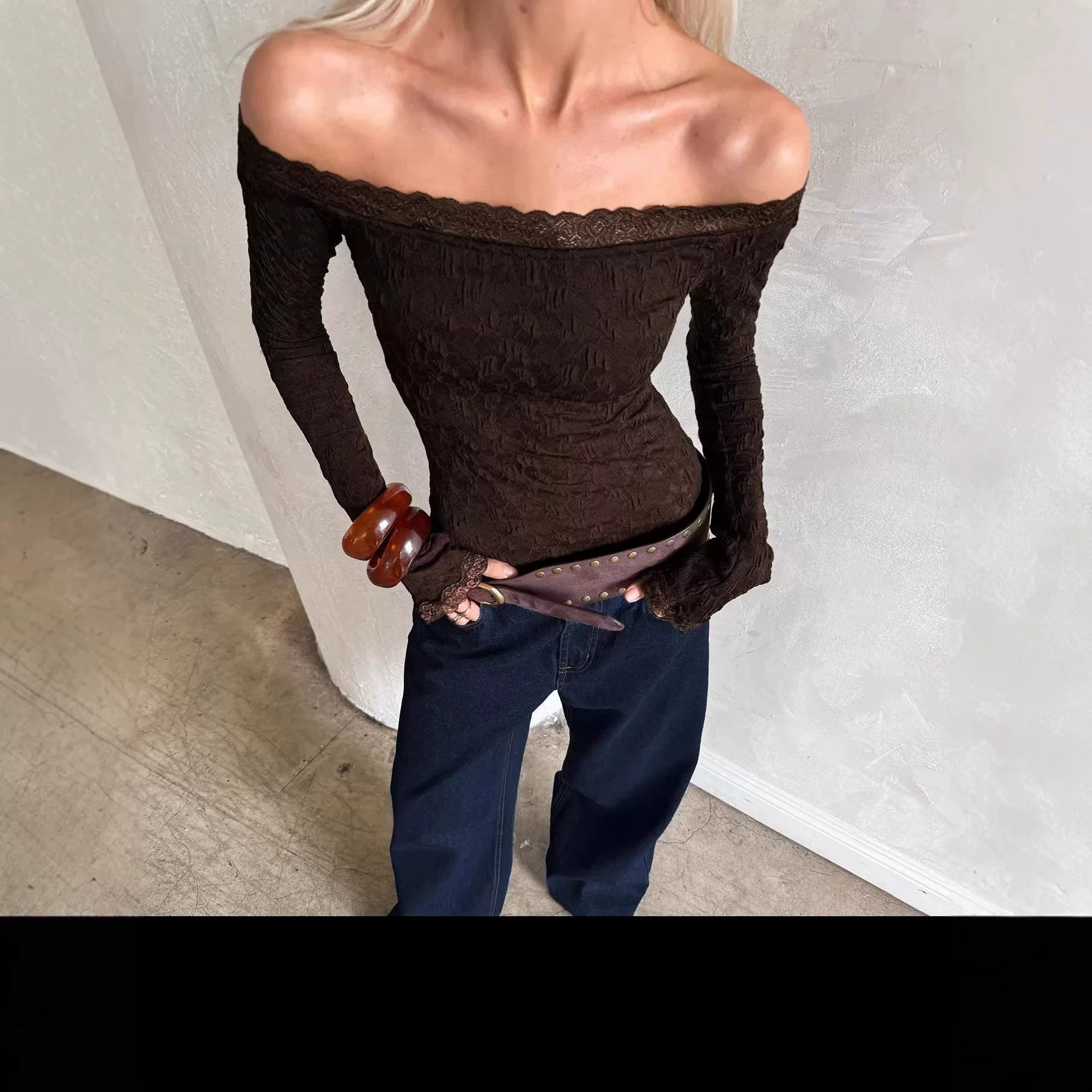 Princess Polly Brown One Shoulder Trumpet Sleeves Lace T-shirt with Slimming Denim Pants