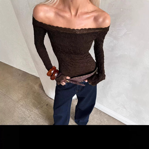 Princess Polly Brown One Shoulder Trumpet Sleeves Lace T-shirt with Slimming Denim Pants