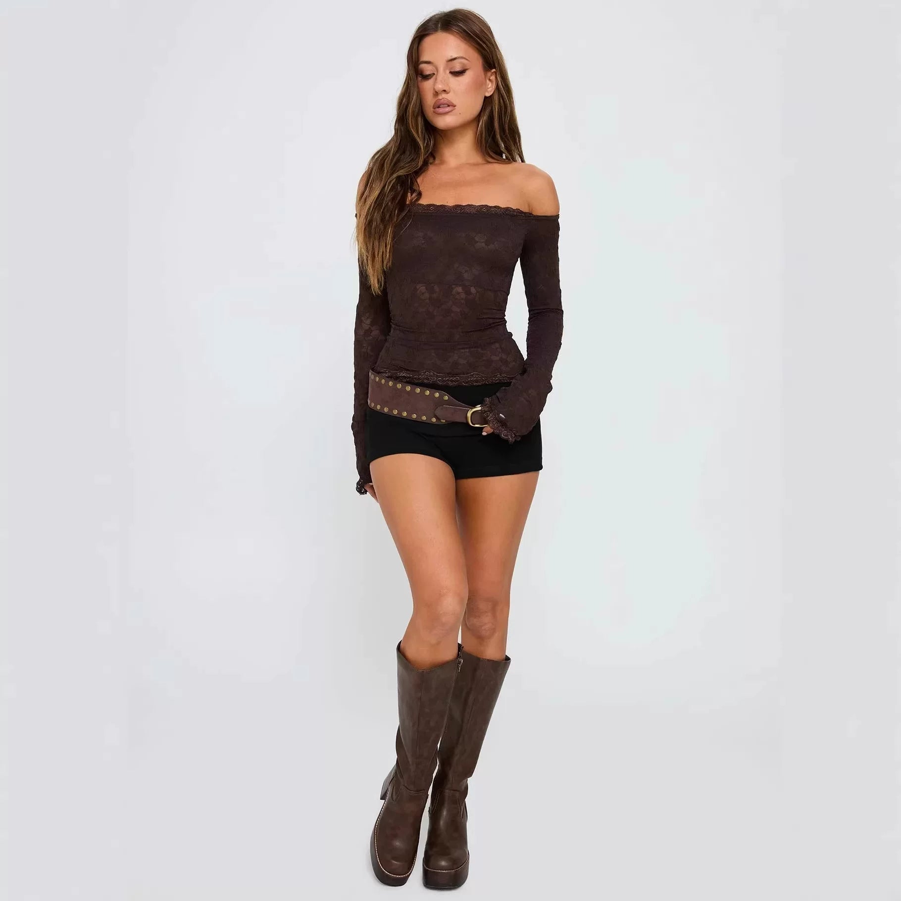 Princess Polly Brown One Shoulder Trumpet Sleeves Lace T-shirt with Slimming Denim Pants