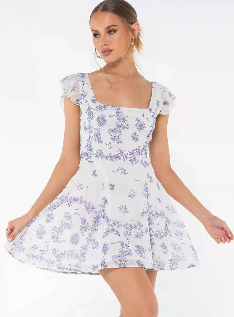 Princess Polly's fashionable new ruffled French blue floral square neck non stretch mini dress