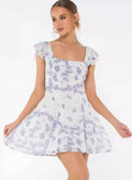Princess Polly's fashionable new ruffled French blue floral square neck non stretch mini dress