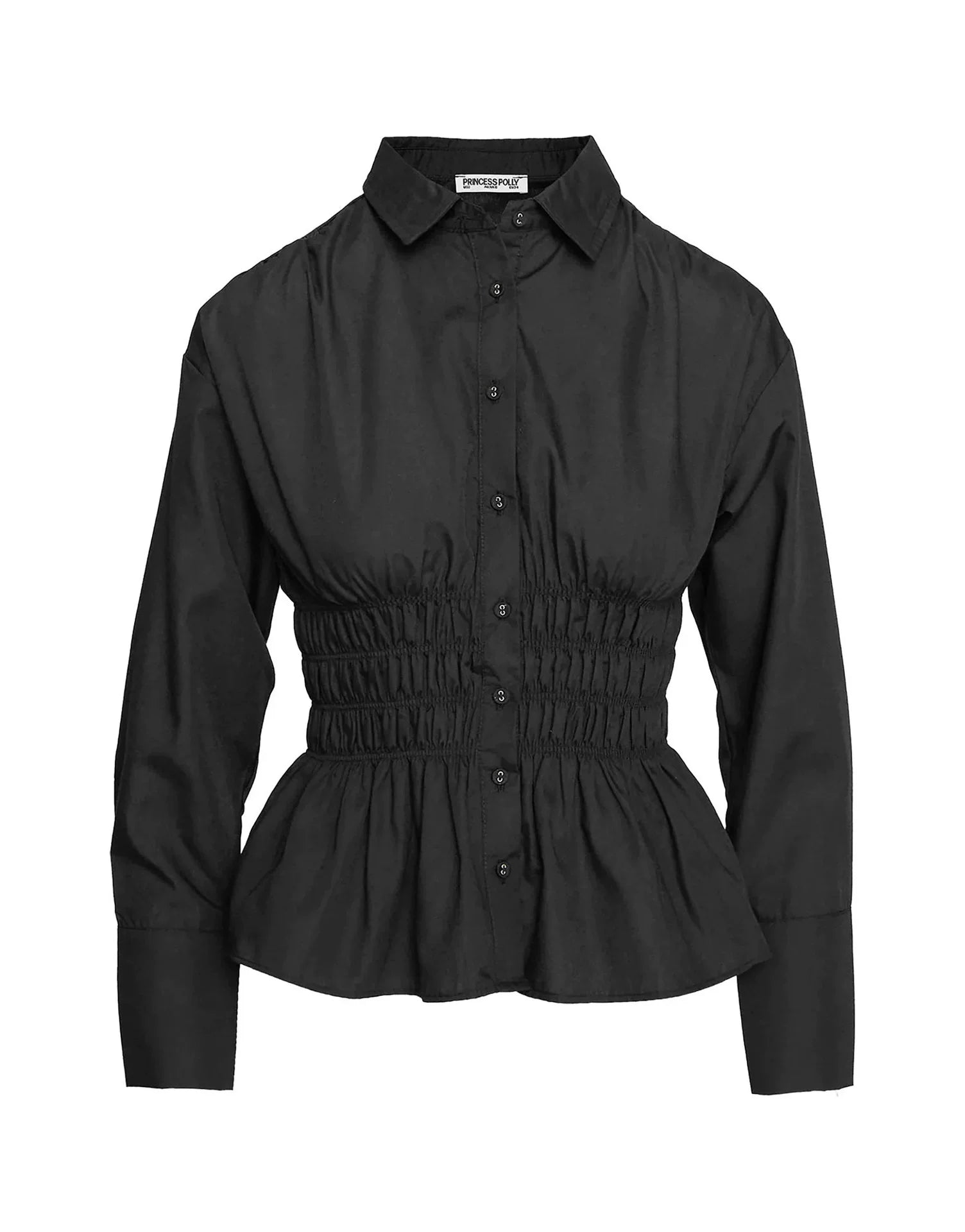 Princess Polly single breasted elastic pleated elastic black solid color V-neck temperament long sleeved shirt