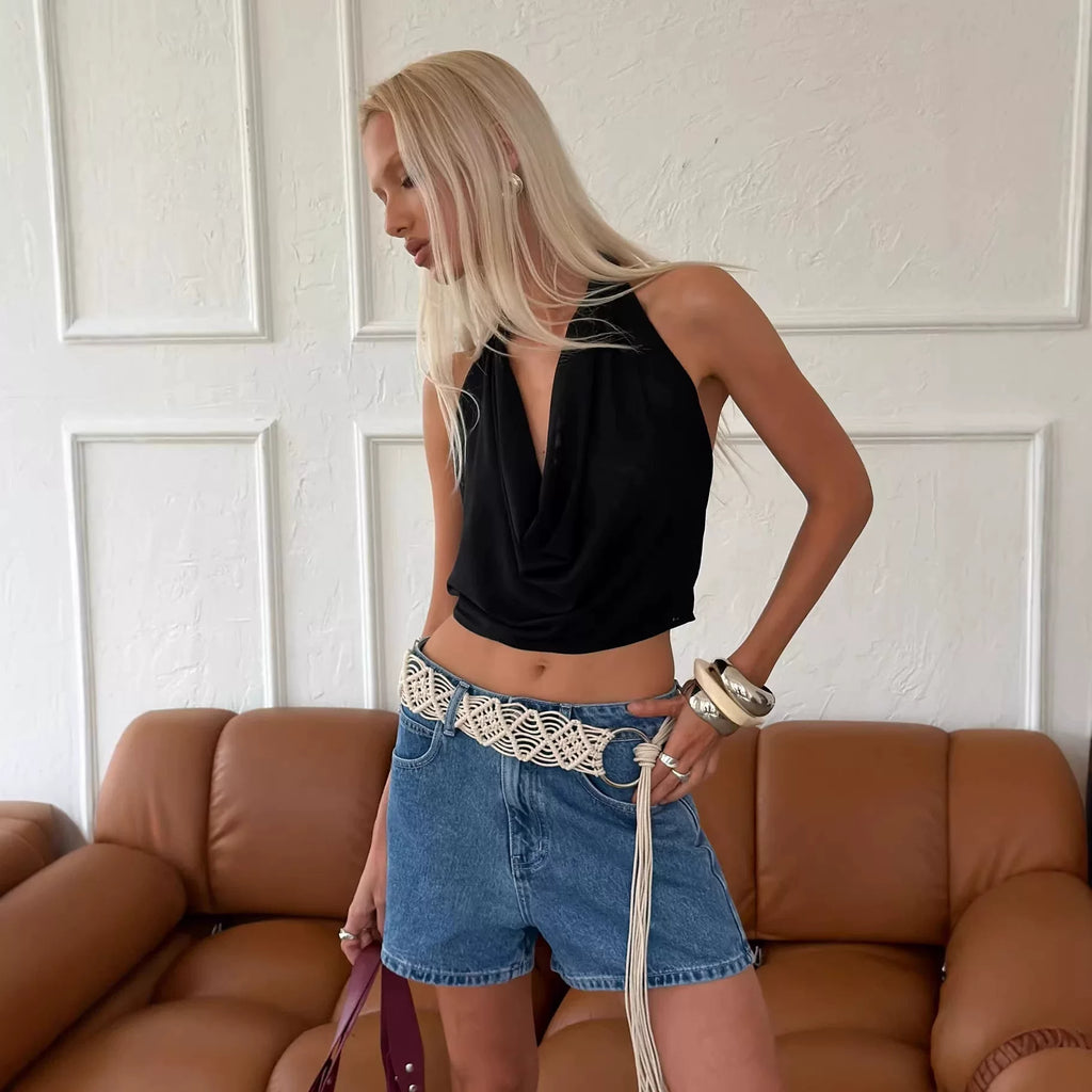 Princess Polly European and American style sexy backless slim fit pleated hanging neck sleeveless vest top