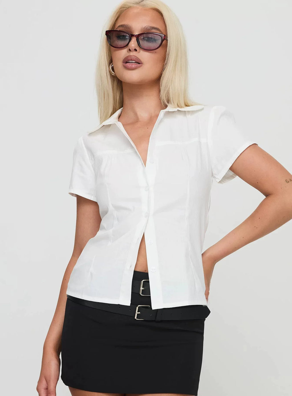 Princess Polly's new Australian solid color casual versatile collared white shirt button short sleeved top