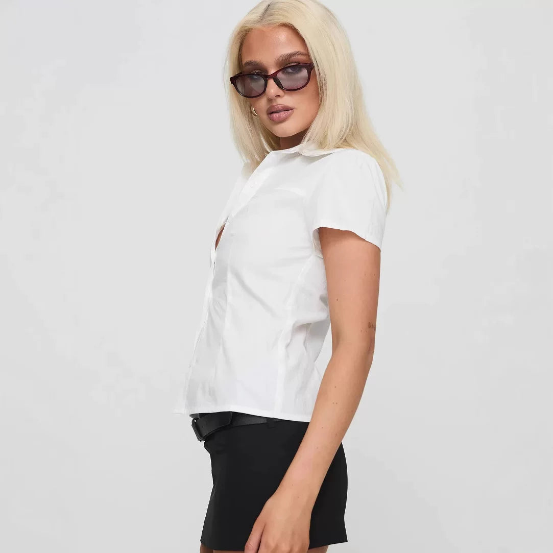Princess Polly's new Australian solid color casual versatile collared white shirt button short sleeved top