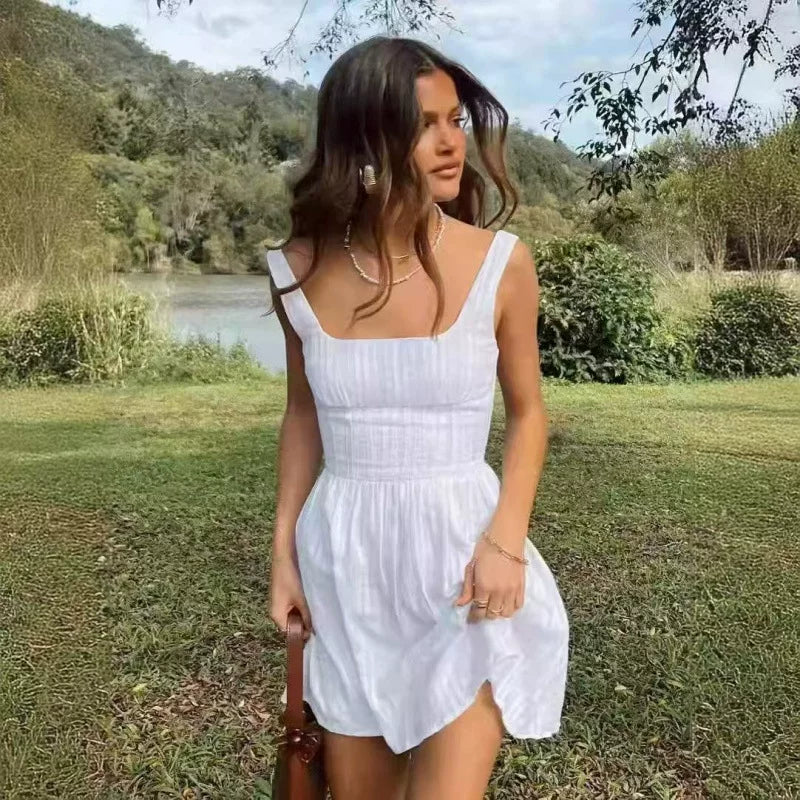Princess Polly European spicy girl white retro texture waist cinching mini square neck dress