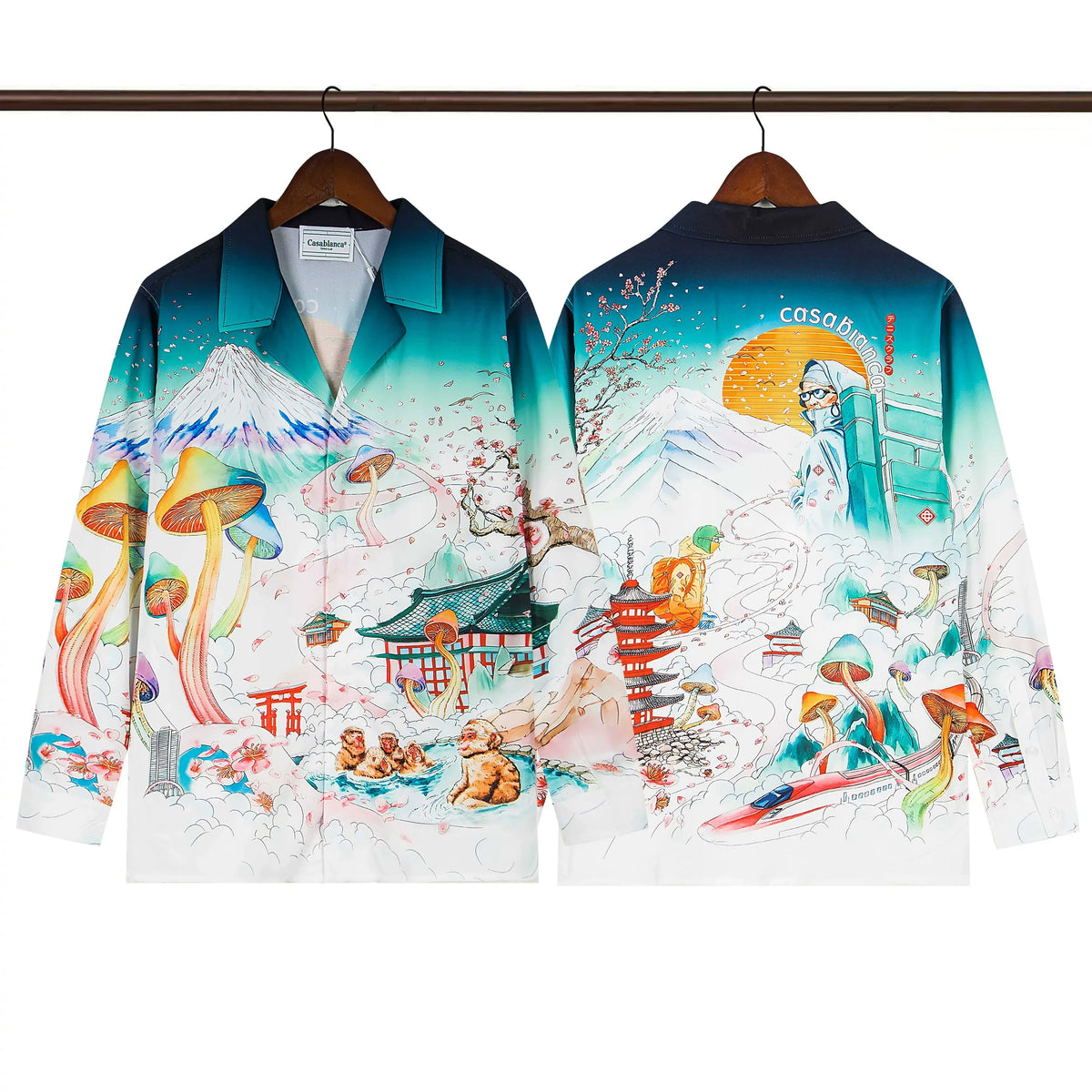 Casablanca Japanese Pagoda & Mountain Silk-Style Shirt - White / Green