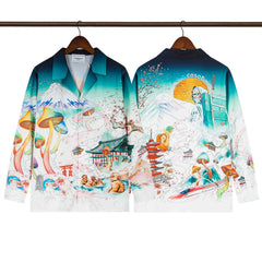Casablanca Japanese Pagoda & Mountain Silk-Style Shirt - White / Green