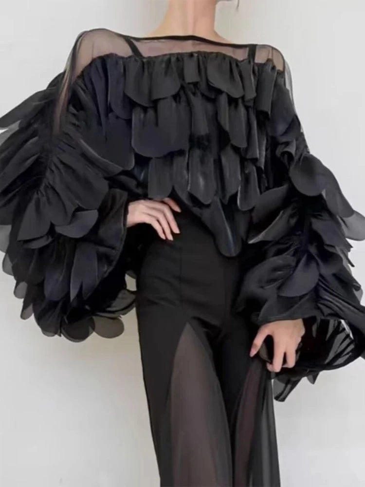 Women Blouse Light Luxury Summer Shirt For Lady Round Neck Full Sleeves Spliced Flounced Edge Mesh Irregular Hem Loose Tops Tide