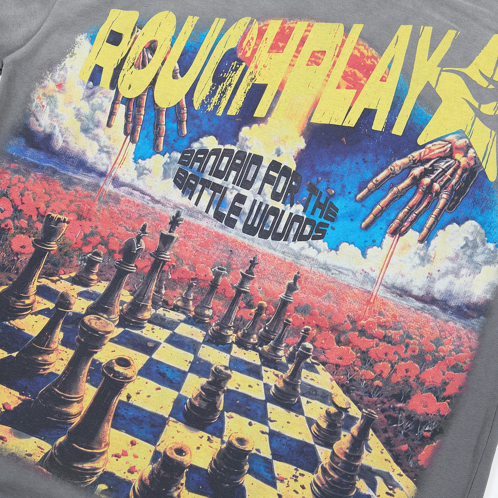 Washed Grey Chessboard World Map Graphic Oversized Tee Streetwear Short Sleeve T‑Shirt