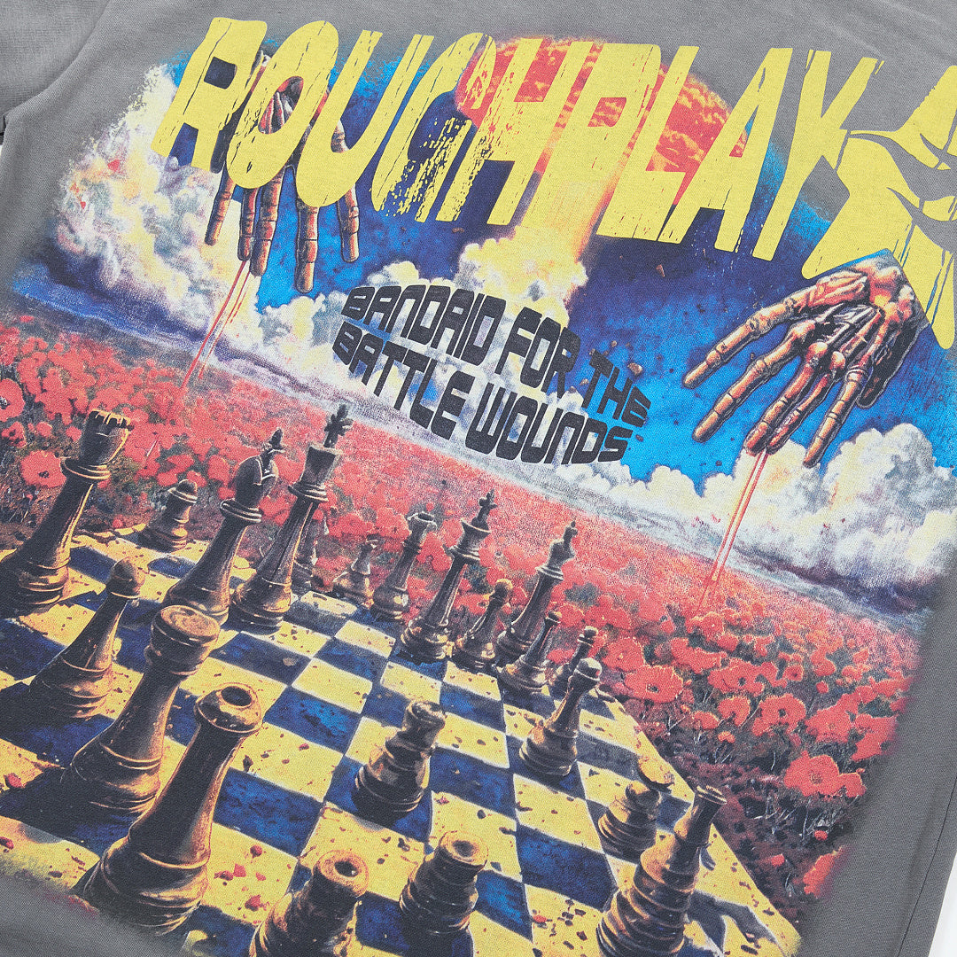 Washed Grey Chessboard World Map Graphic Oversized Tee Streetwear Short Sleeve T‑Shirt