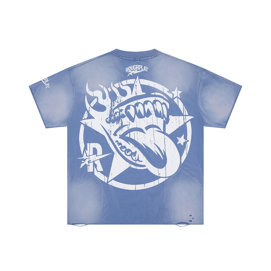 Vintage Washed Blue Rock Car Graphic Oversized Tee Streetwear Short Sleeve T‑Shirt